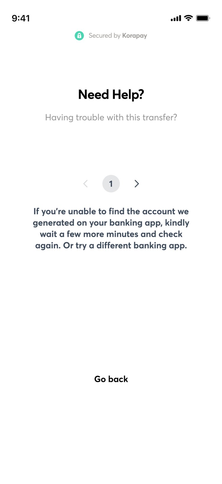When a transfer goes wrong: help in two steps (check your banking app again, then what happens if the amount was wrong or the transfer can’t be confirmed), a screen offering another transfer or a different method, and a failed payment with a way to try again