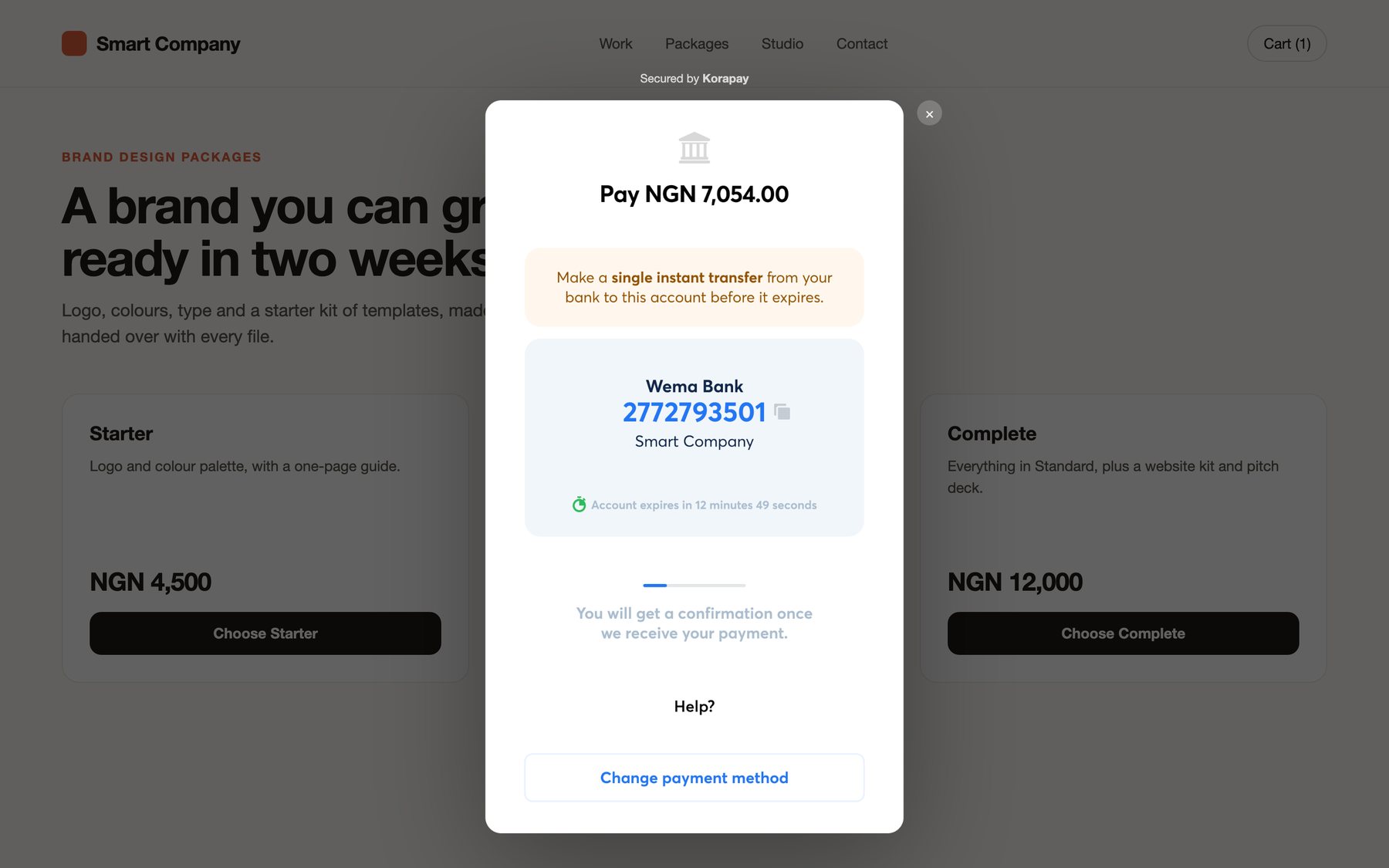 The Kora checkout open over a demo merchant's page, asking the customer to pay NGN 7,054.00 by bank transfer before the account expires