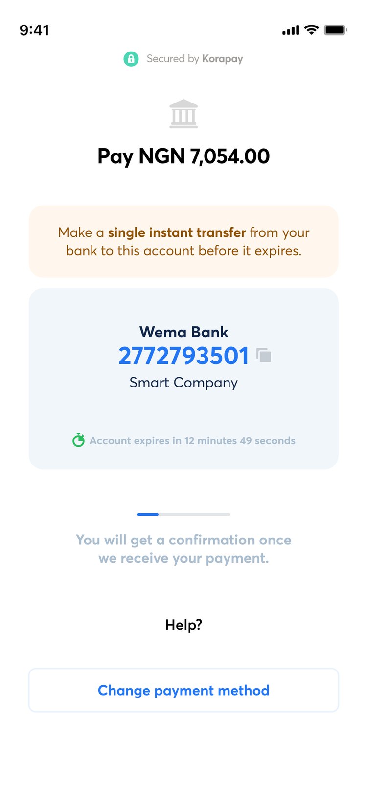 Paying by bank transfer: the amount and the account to pay into, then the checkout confirming the transfer, then success