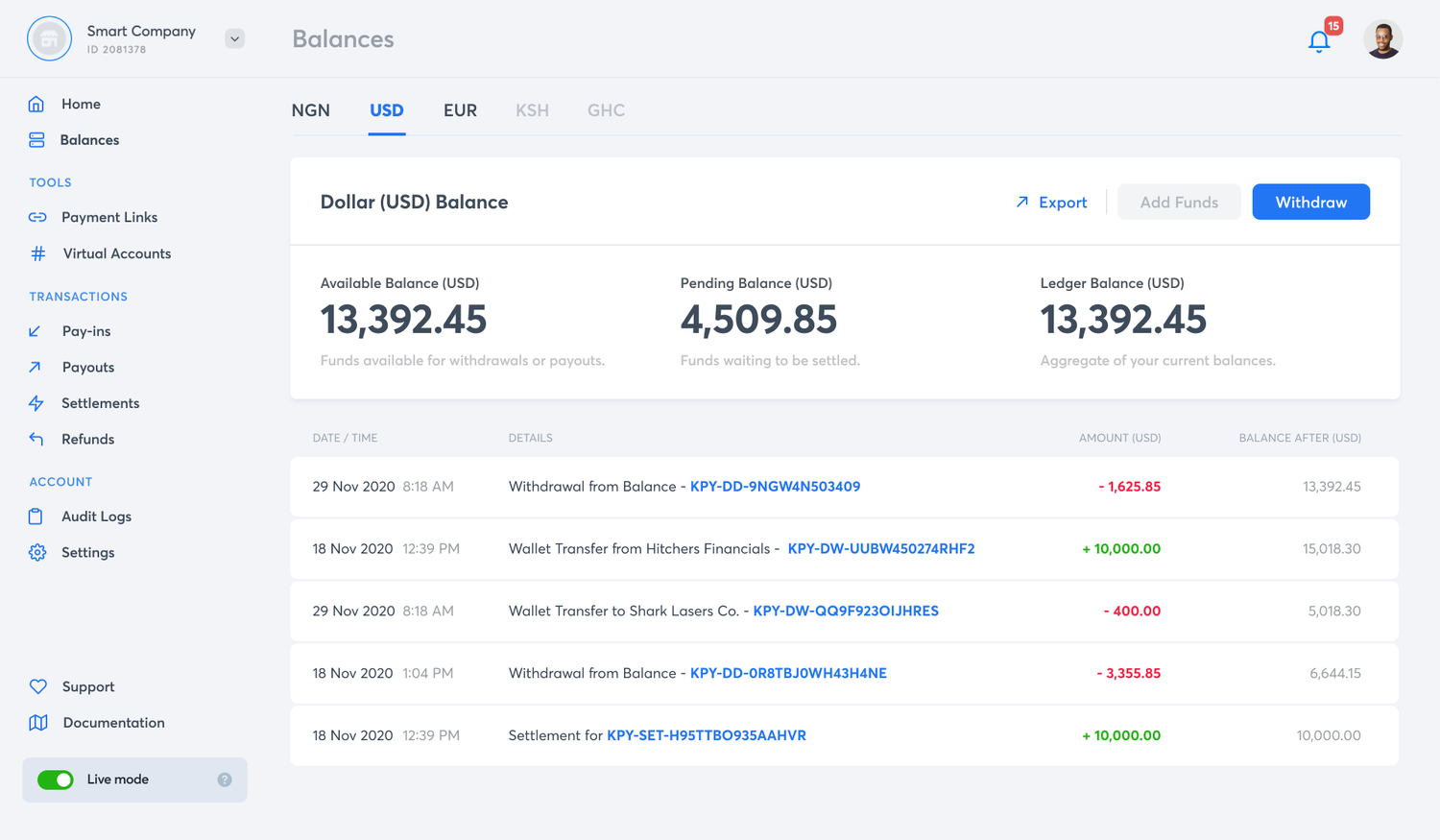 Merchant dashboard balances view across currencies.