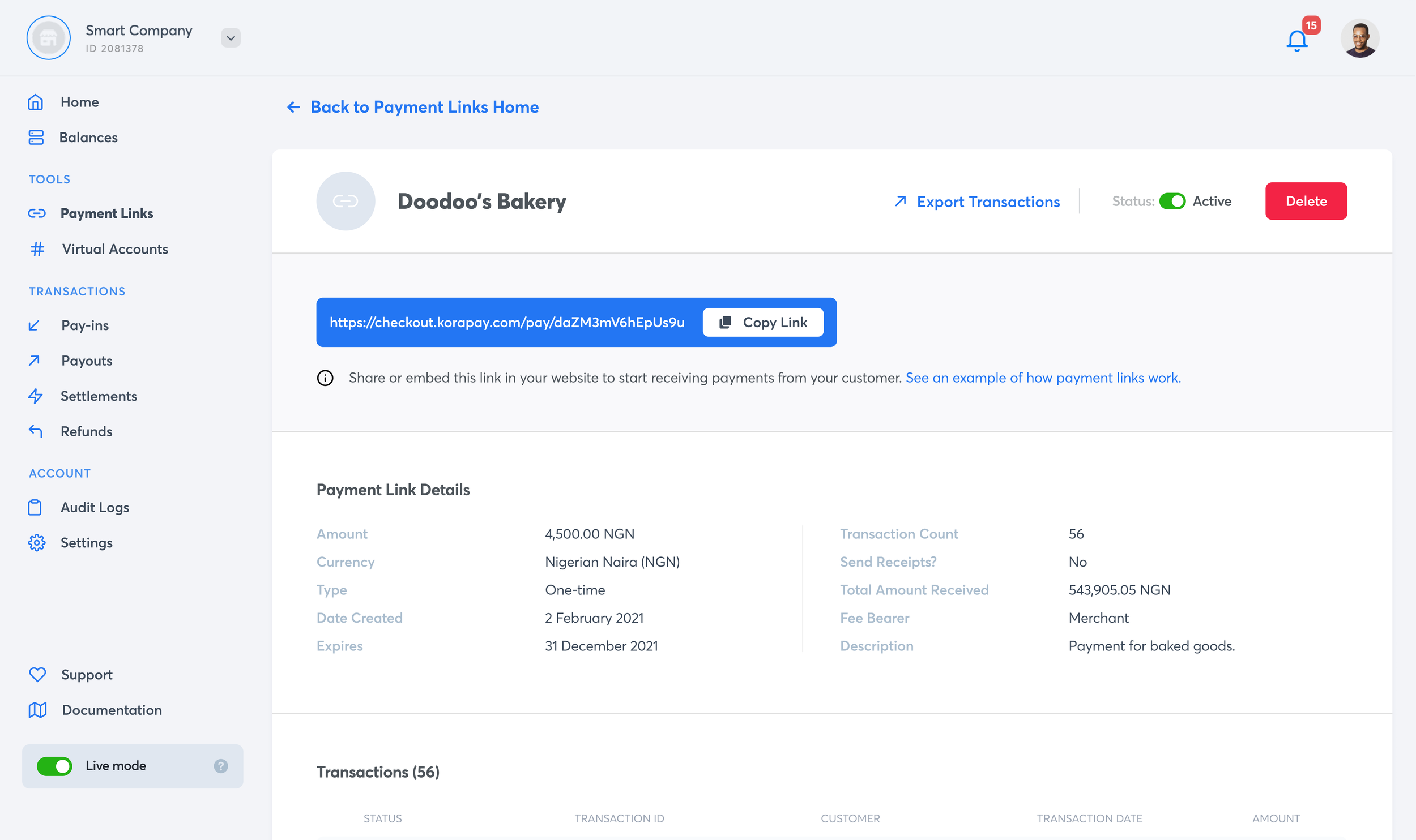 Payment link details page.