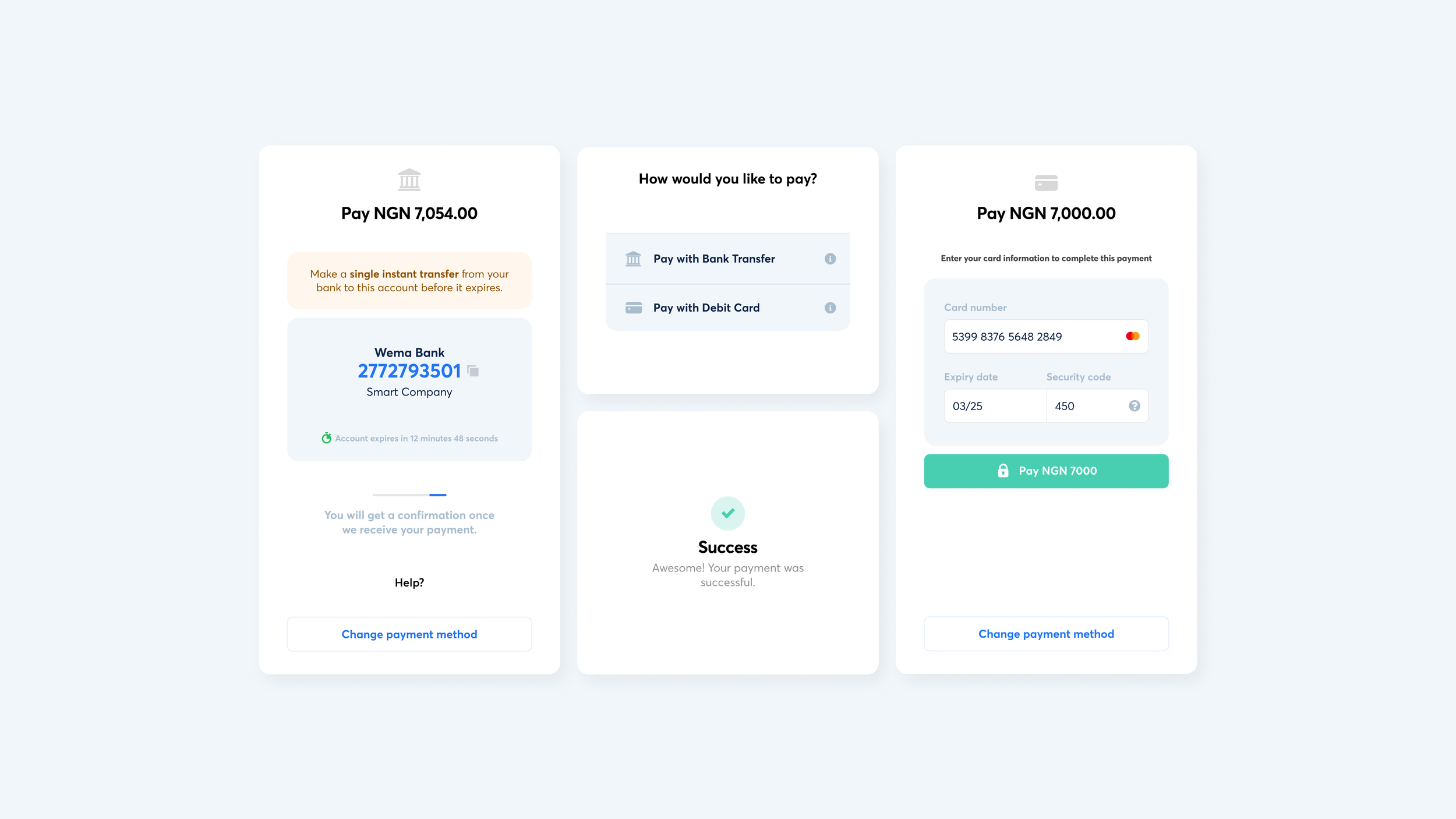 Kora payment modal: bank transfer with a live expiry timer, method selection, card entry, and a success state.