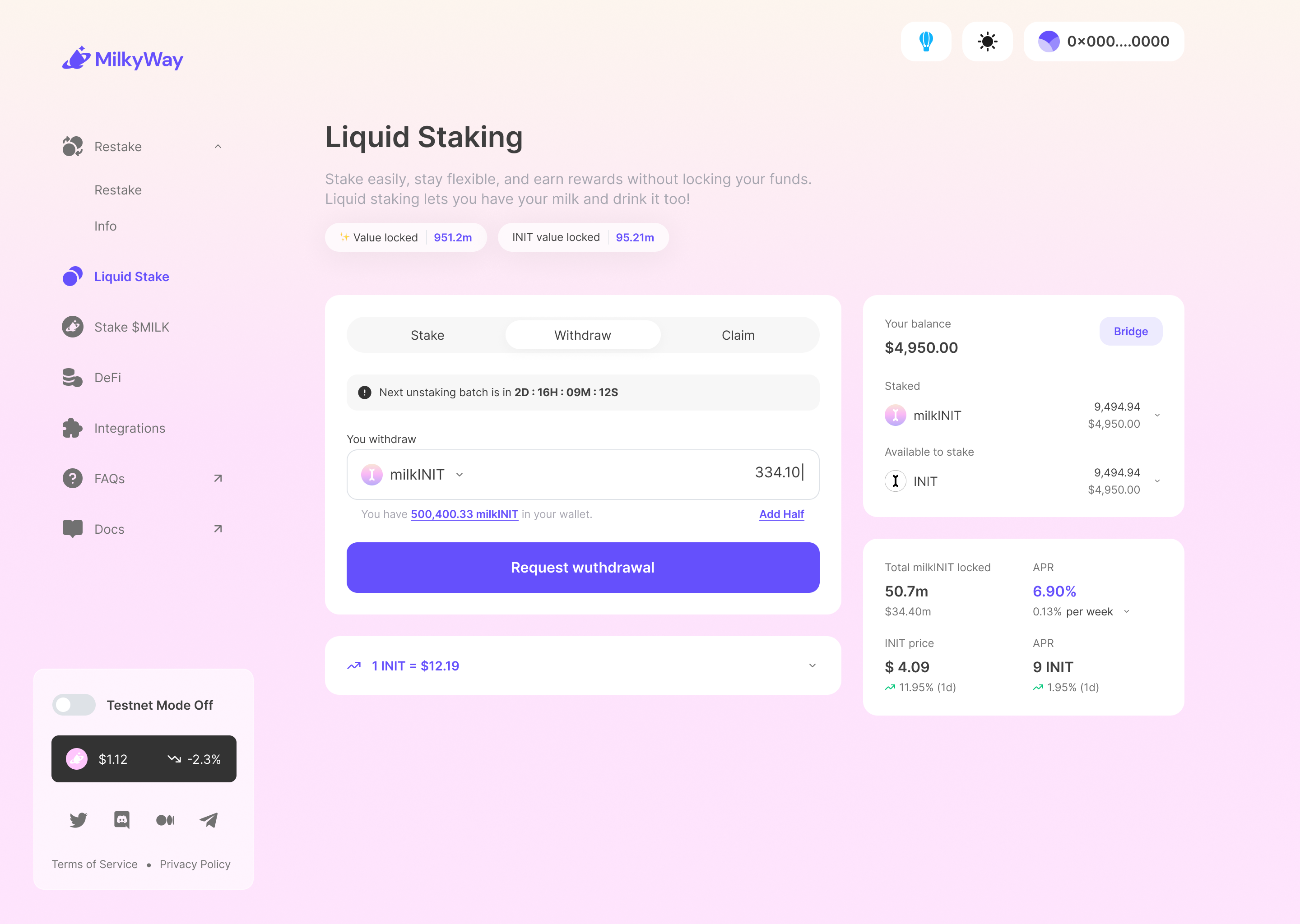 MilkyWay liquid-staking dashboard: stake, withdraw and claim tabs, a validator list, and TVL, APR and price kept in view.