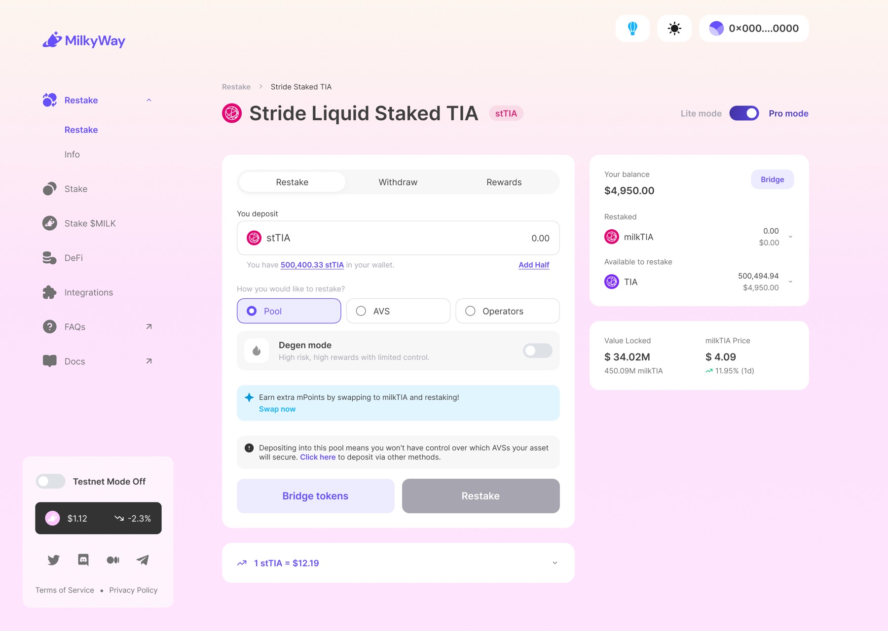 Pro: pools, AVS and operators, with your balance and what is restaked beside the form