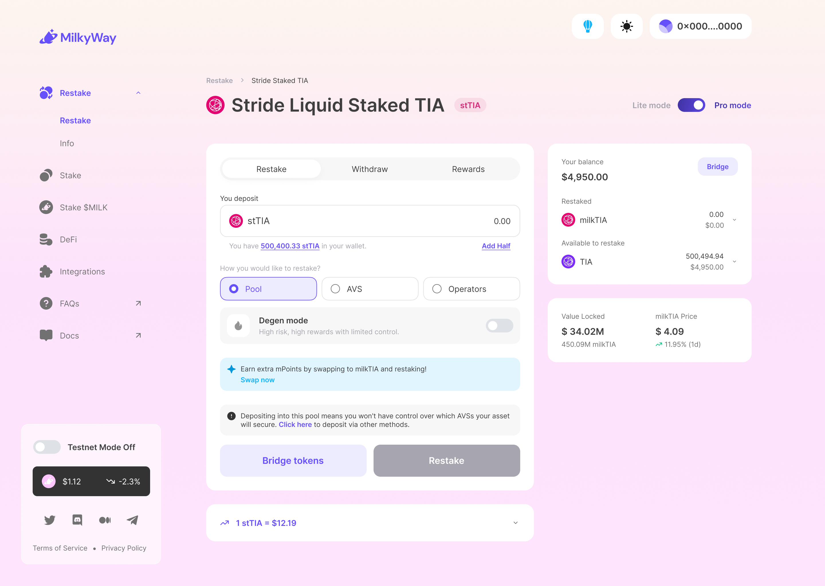 MilkyWay position dashboard: your liquid-staked balance, rewards, exchange rate, restake and bridge, with TVL and APR in context.
