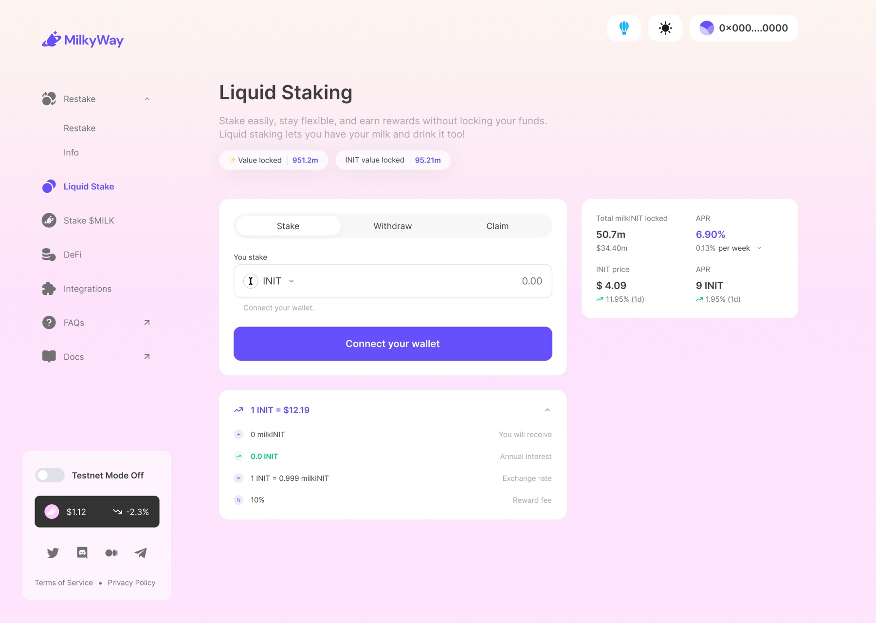 Lite: one form to stake, withdraw or claim, with the APR and token price beside it