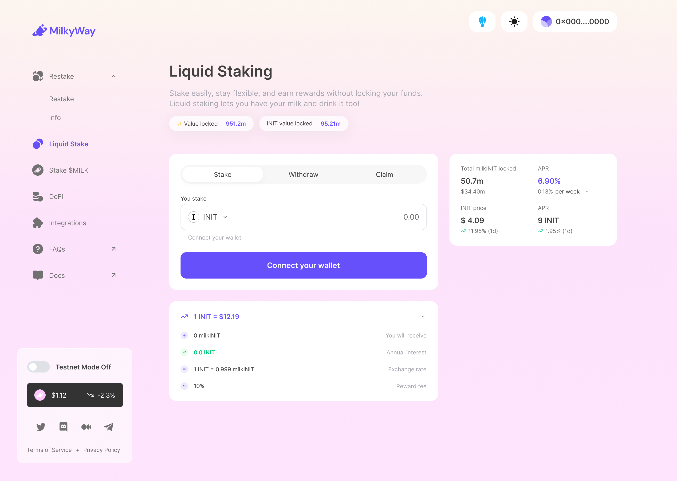 Lite staking: a simple grid of stakeable tokens with the underlying complexity tucked away behind a sensible default.
