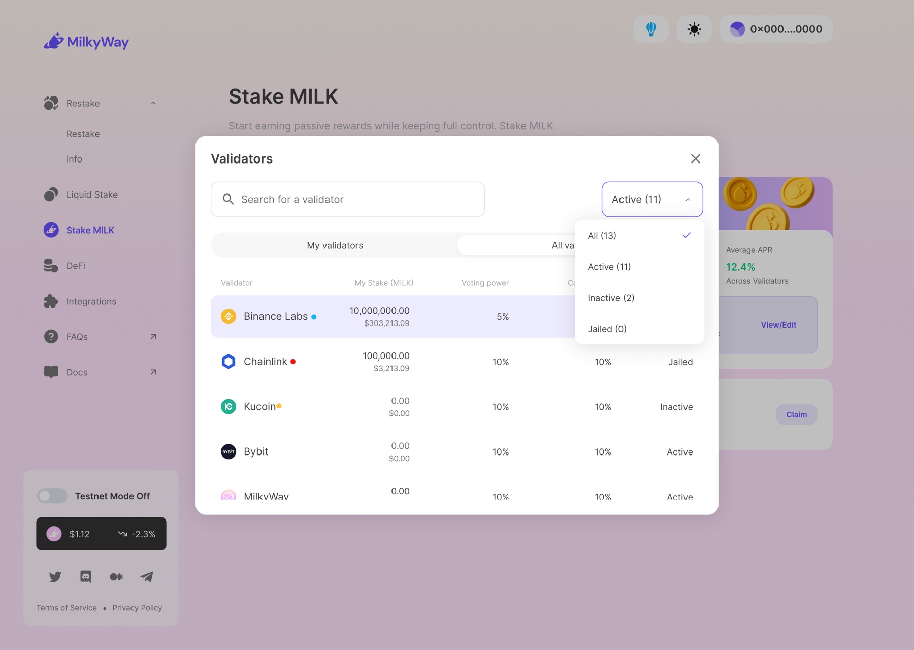 MilkyWay validator list with stake, voting power and status