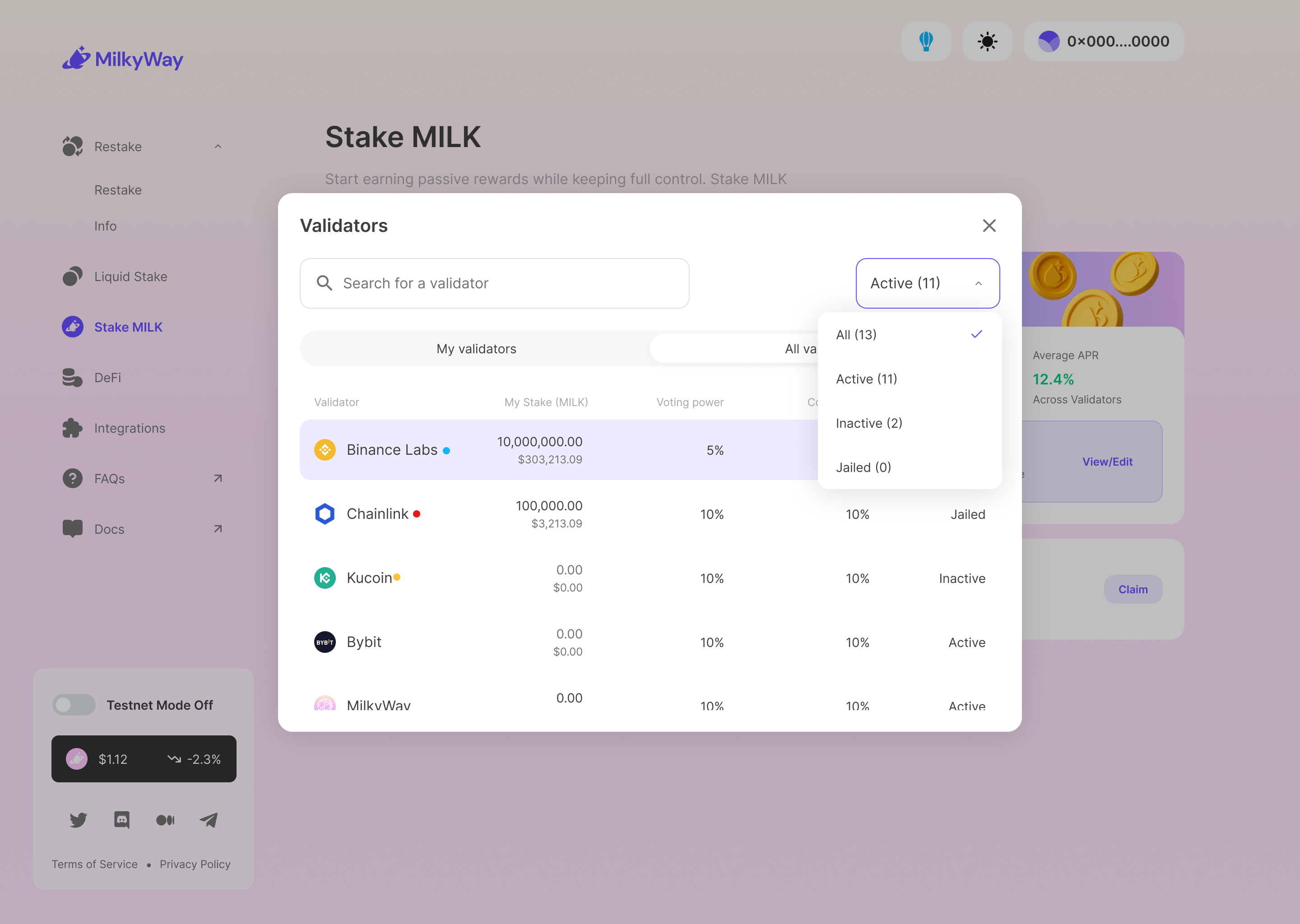 Validator selection: a searchable list with commission, uptime, voting power and active status, sitting behind a sensible default.