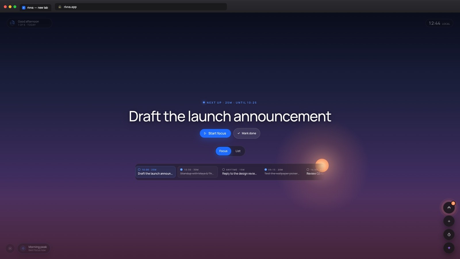 The browser extension: a new tab showing the next task, with Start focus and Mark done