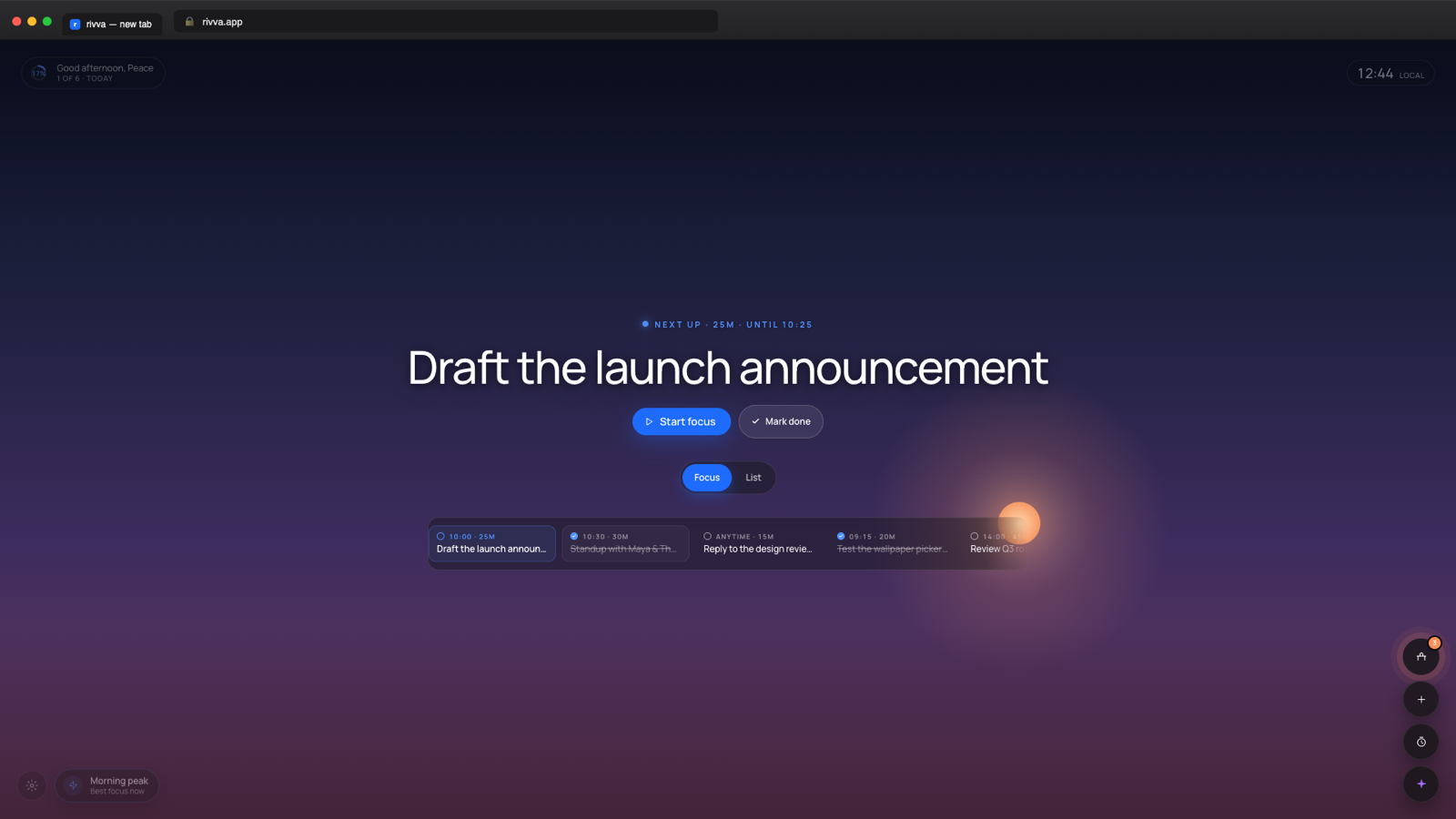 Rivva browser extension new tab: one next task, start focus, a timeline of the day.