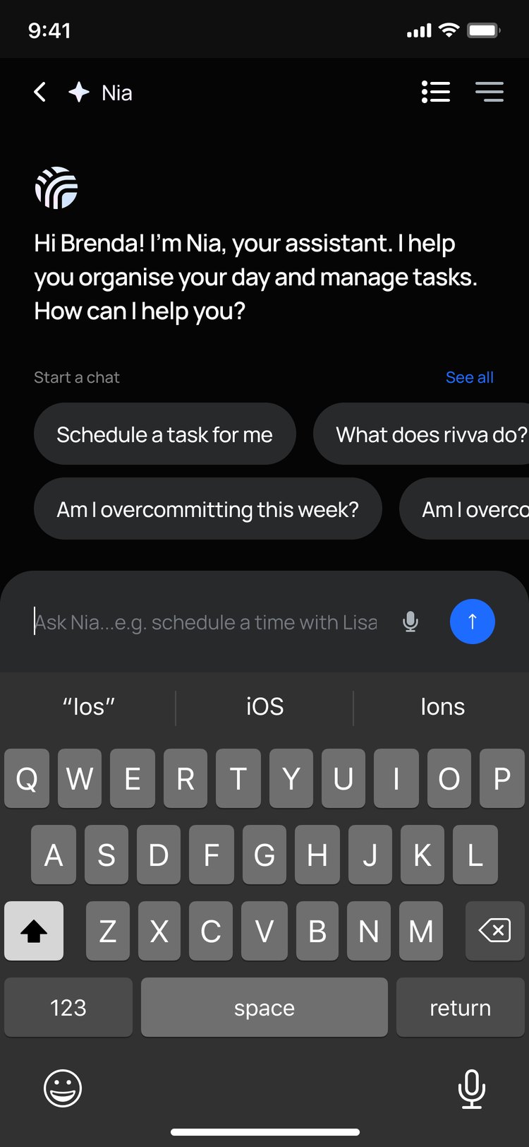 Earlier Nia: a general assistant greeting with generic prompts and a keyboard