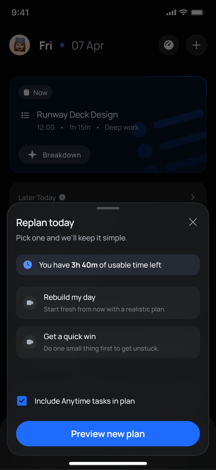 The first Replan: usable time left and two options, then a preview of every task it would move