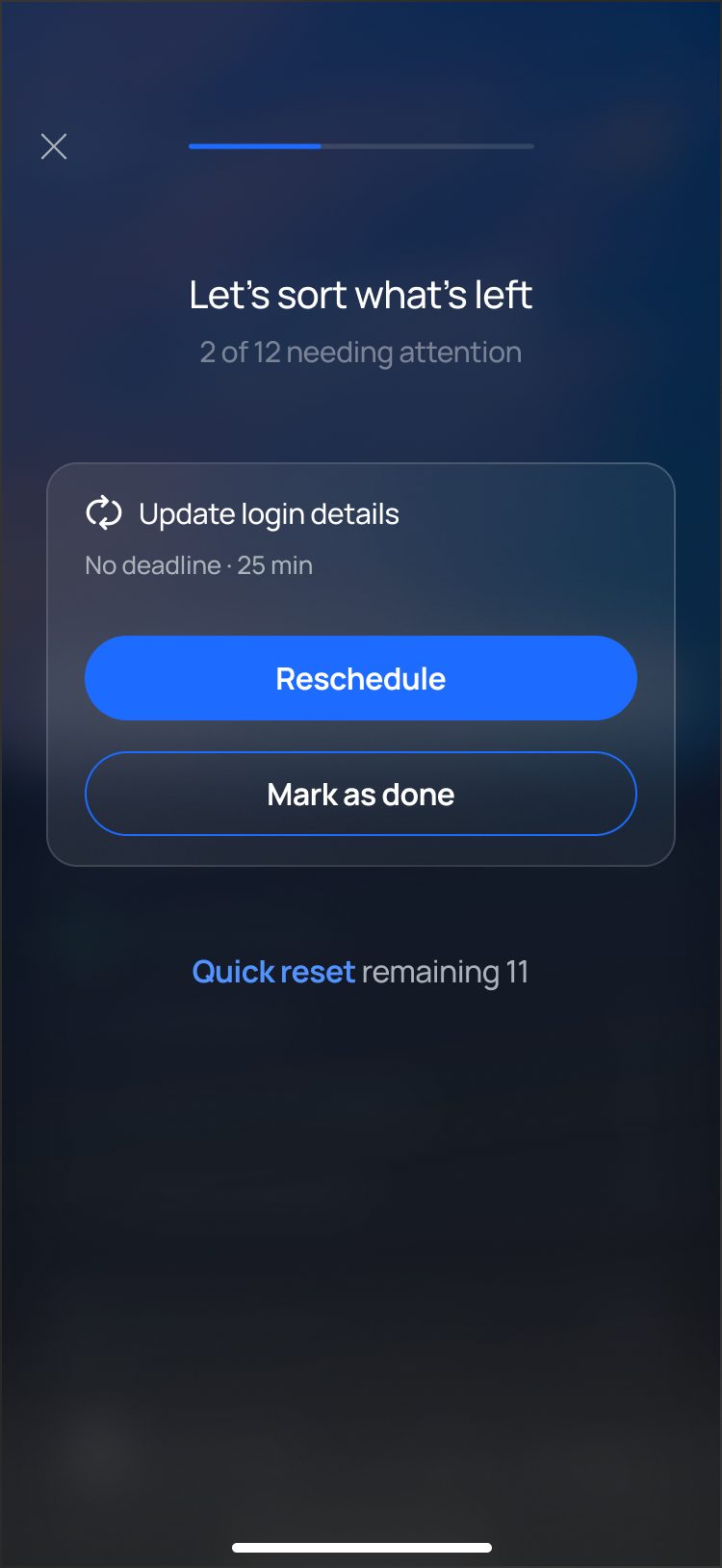 The first Wind Down: one task at a time with Reschedule and Mark as done, suggested times, and No time found when nothing fits