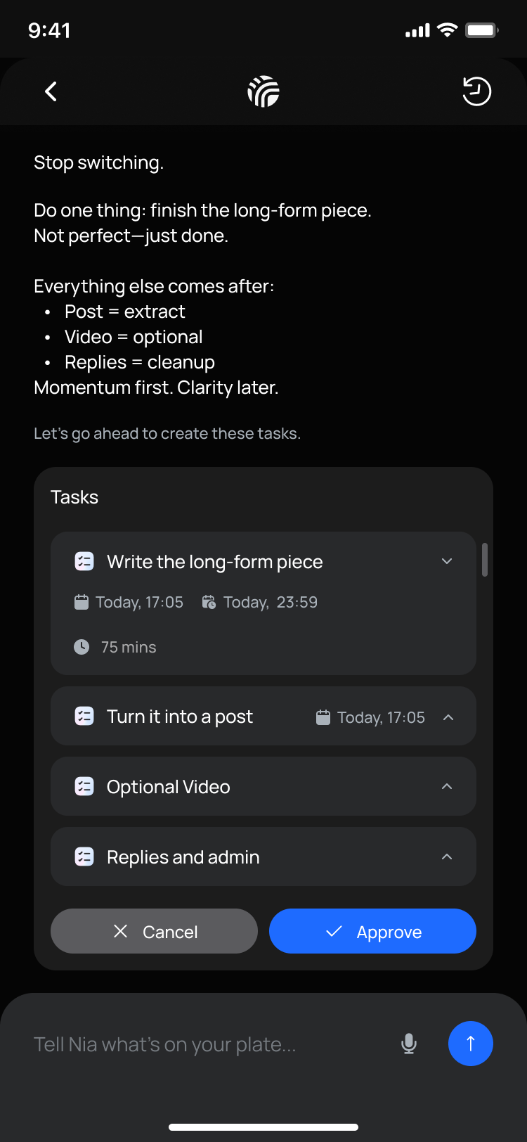 Nia breaking a vague task into small, sequenced, schedulable steps, with a clear approve step before anything is created.