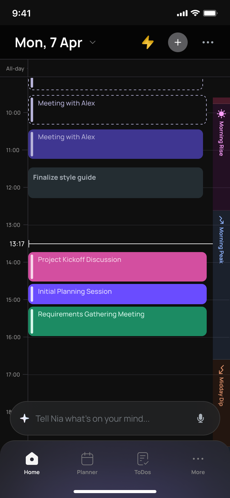 Rivva day timeline with energy bands: Morning Rise, Morning Peak and Midday Dip alongside the schedule.