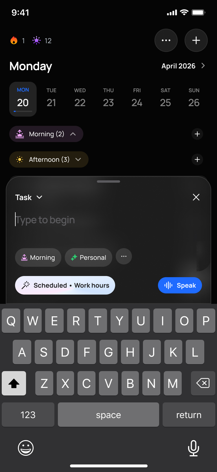 Rivva quick-capture composer: type to begin, tag it, or hit speak, with a scheduled-in-work-hours suggestion.