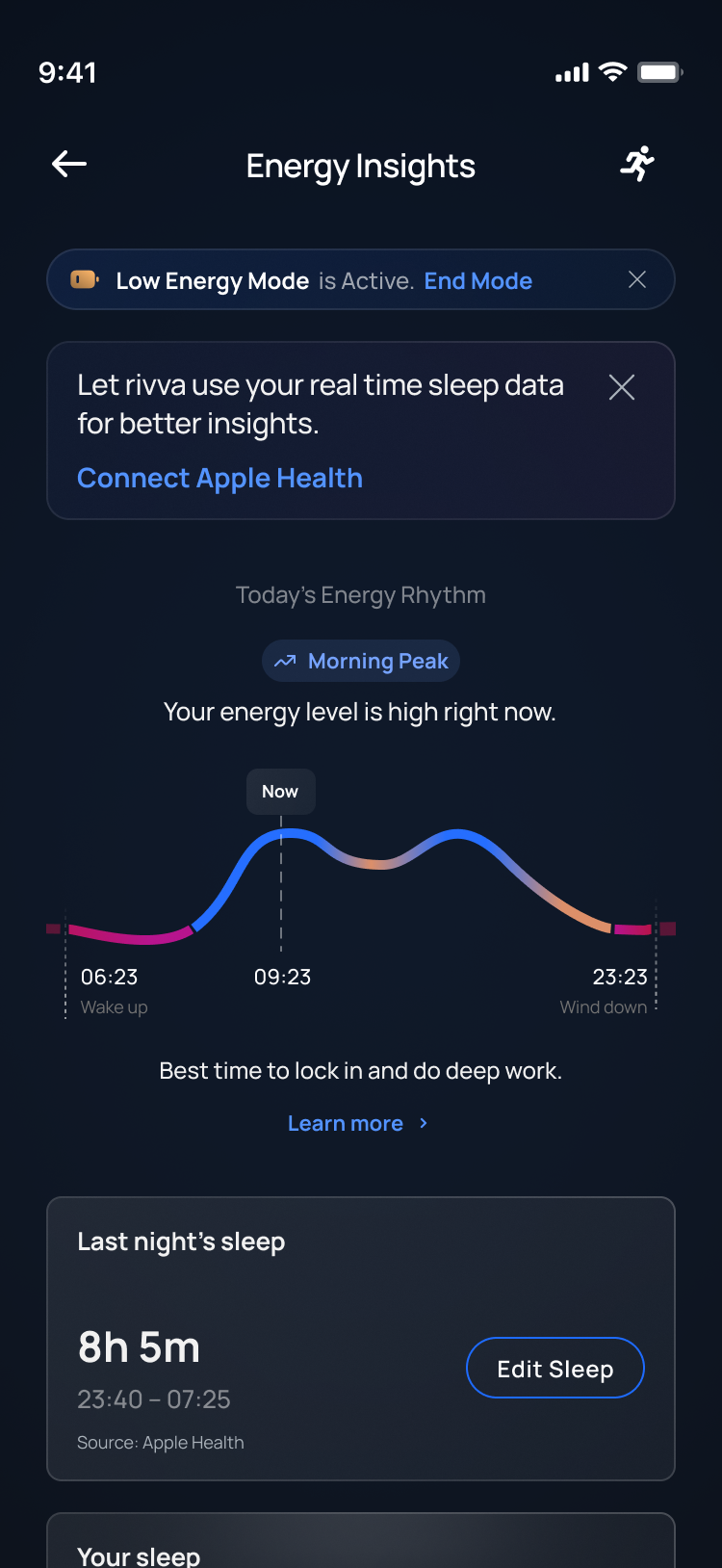 Rivva energy insights: today's energy rhythm curve with a Morning Peak, tied to real sleep data.