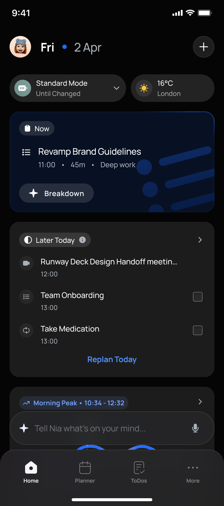 Rivva home screen: today's Now task, energy mode, Later Today and Nia a tap away.