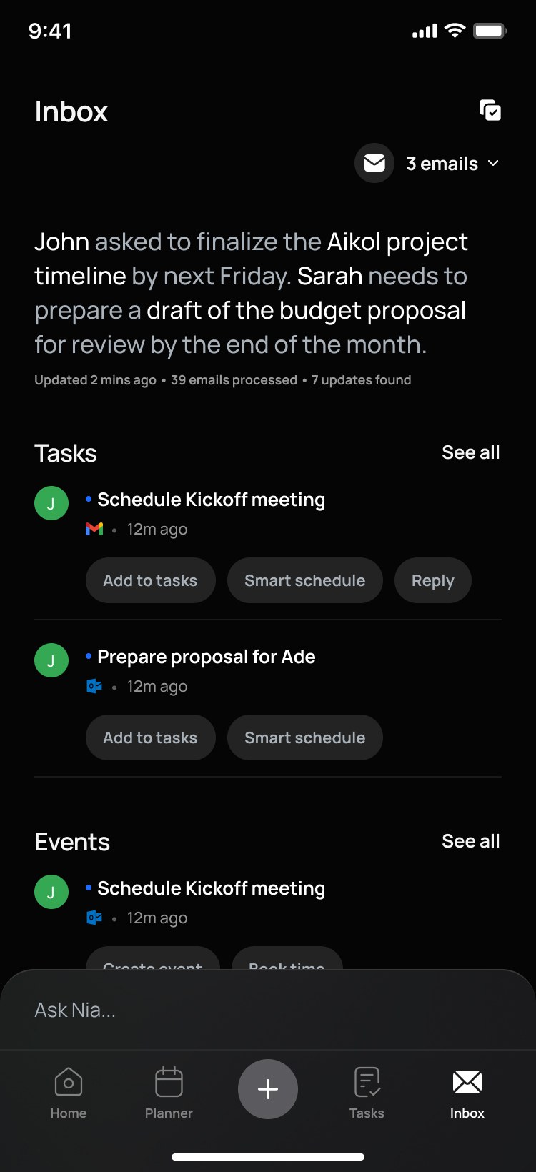 Rivva inbox: recent emails summarised into tasks and events, each with add-to-tasks, smart-schedule and reply actions.