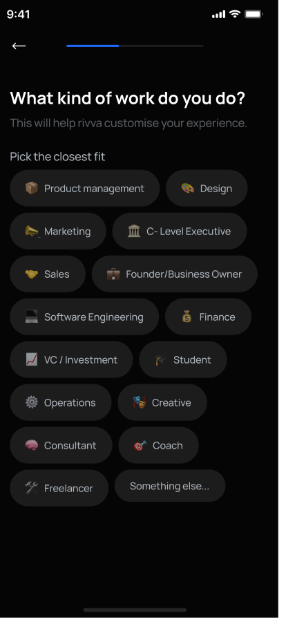 v1 onboarding: a screen asking what kind of work you do, with a long list of options to pick from.