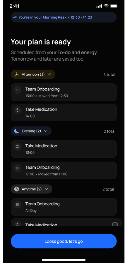 v2 onboarding: your plan is ready, a scheduled day built from your tasks and energy, ending on one completed setup.