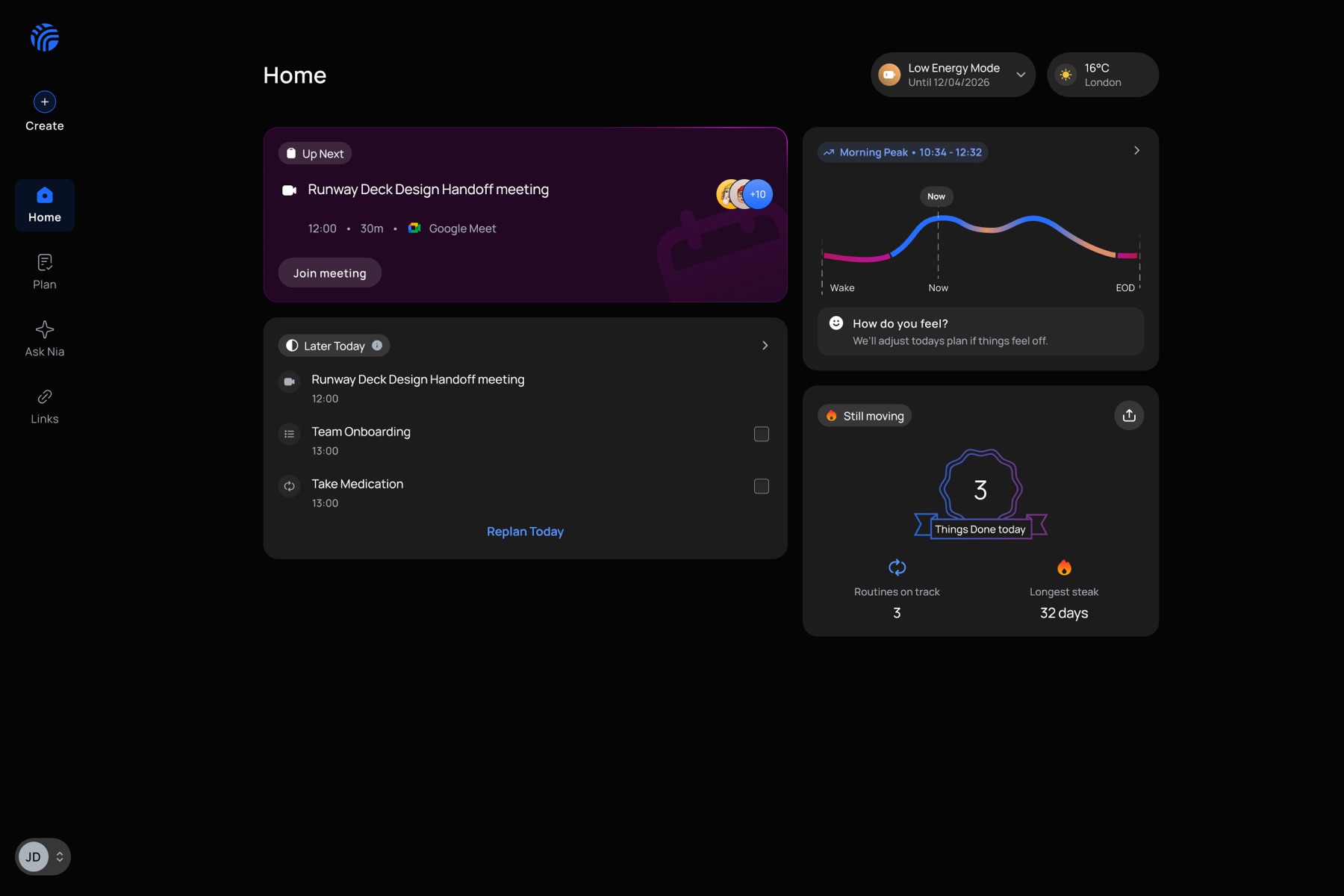 Rivva's web app home: up next, the rest of today, and an energy curve