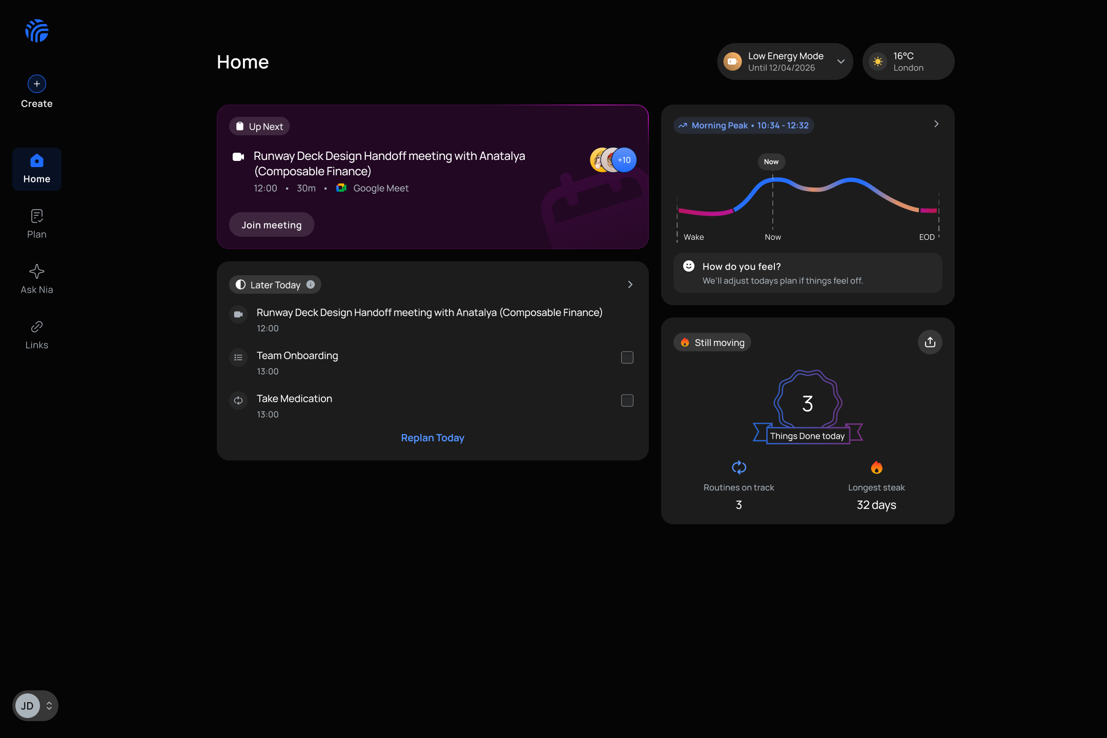 Rivva web dashboard: Up Next meeting, Later Today, an energy-rhythm read and a streak card, in a calm two-column layout.